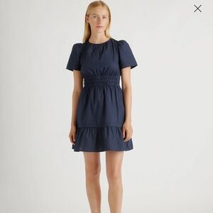 Quince Navy Blue Organic Cotton Tiered Mini Dress sz M Women's Pockets Poplin